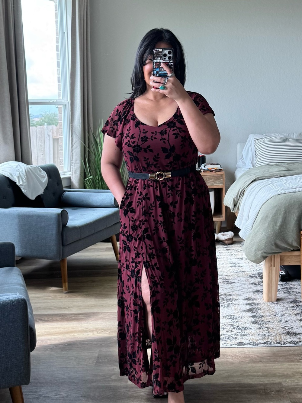 Bloomchic Floral Textured Jacquard Slit Hem Maxi Dress (10) Black